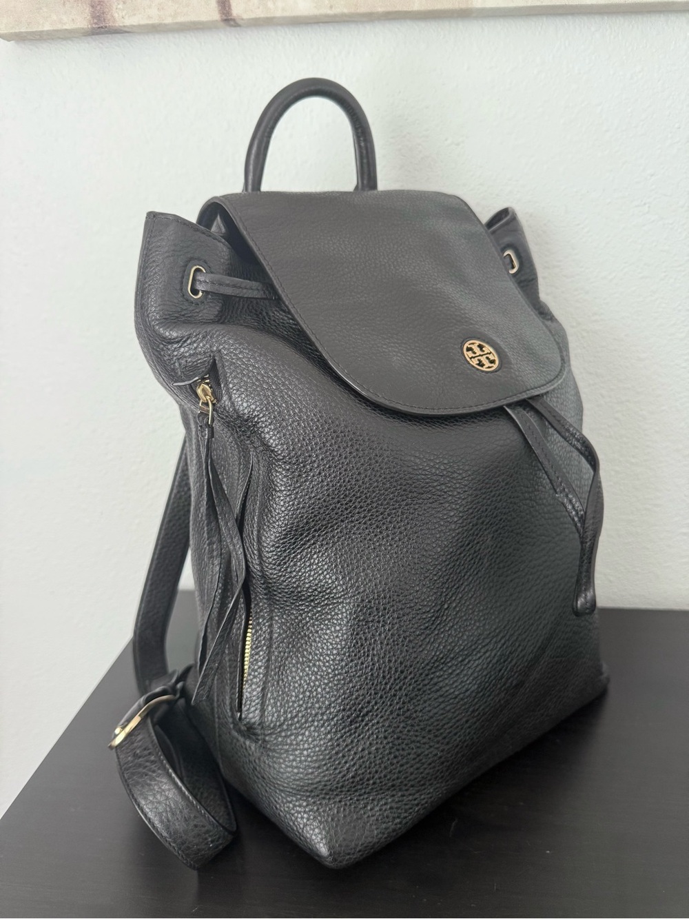 Tory Burch Black Leather Drawstring Flap Backpack Large